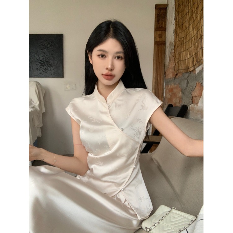 新中式女夏季缎面提花无袖衬衫复古国风t恤小衫衬衣修身旗袍上衣