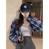 春秋简约百搭休闲短款 Polo领露脐长袖 薄款 气质格子外套法式 衬衫 潮