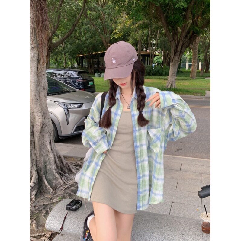 甜美清新学院风绿色格子防晒衬衫