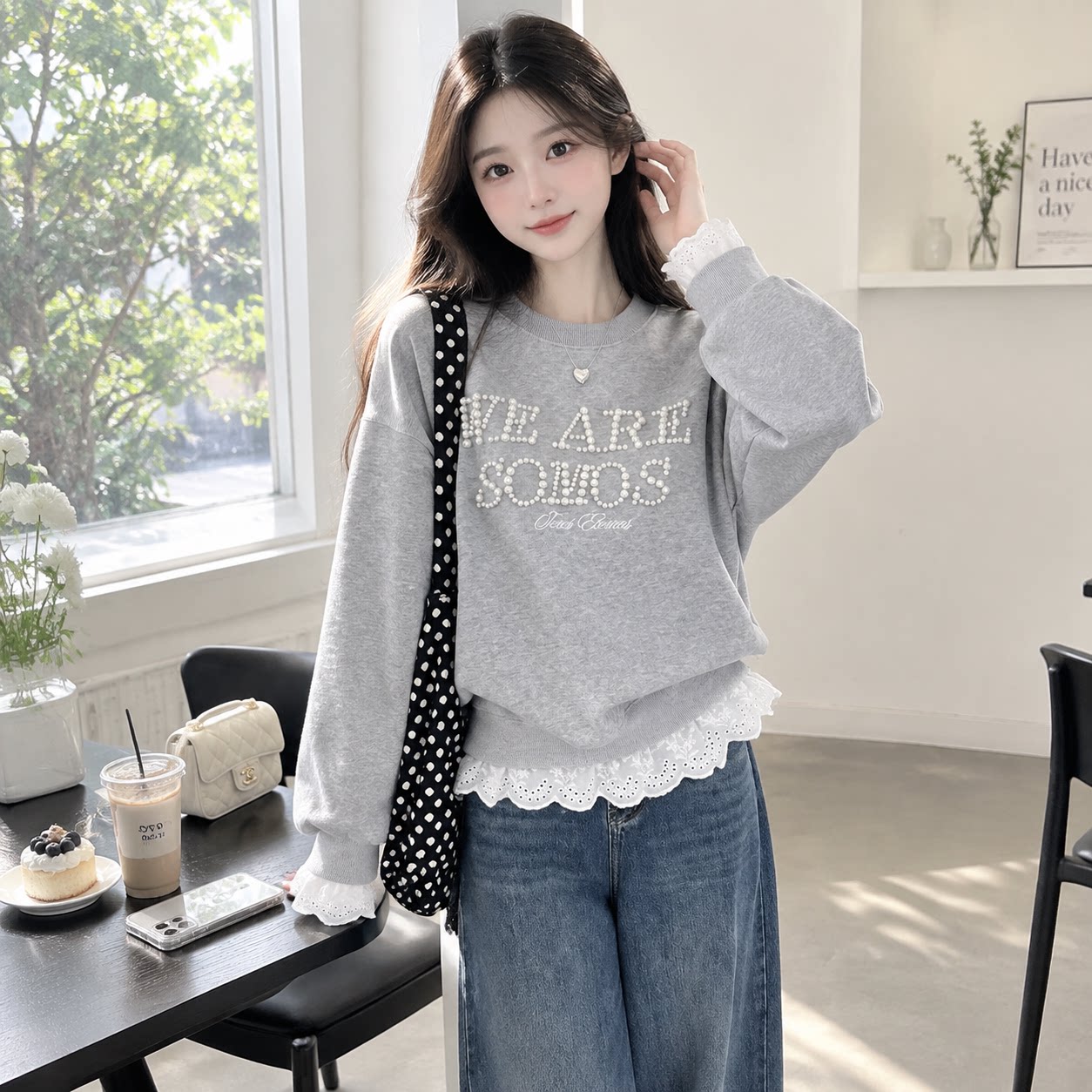韩系刺绣钉珠蕾丝假两件卫衣女