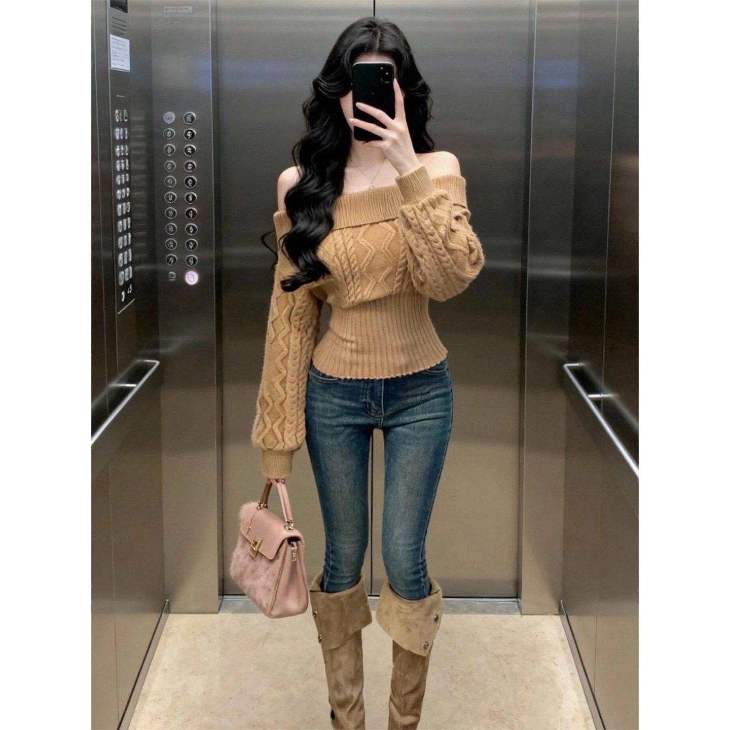 辣妹一字肩长袖毛衣女秋冬内搭可外穿套头针织衫修身收腰打底上衣