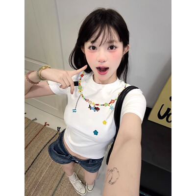 美式可爱项链小狗印花圆领正肩短袖t恤修身显瘦重磅纯棉辣妹上衣