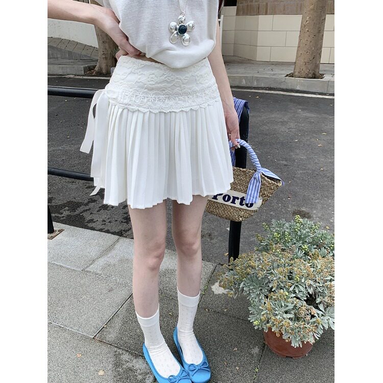 韩系白色西装半身裙女2026春夏高腰蕾丝拼接系带甜美百褶裙短裙子
