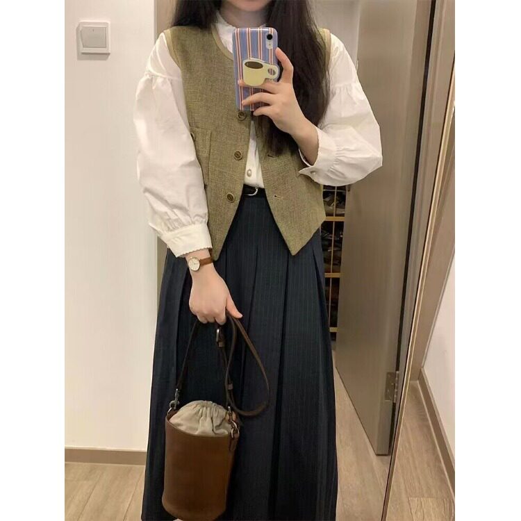 日系复古通勤坎肩马甲+白色时尚衬衫+条纹a字半身裙女春秋三件套