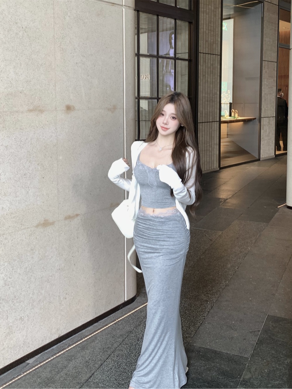 盐系轻熟套装白色开衫上衣蕾丝吊带背心女夏季鱼尾半身裙子三件套
