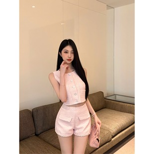 小香风名媛套装女亮片气质无袖粉色背心马甲夏新款直筒短裤两件套