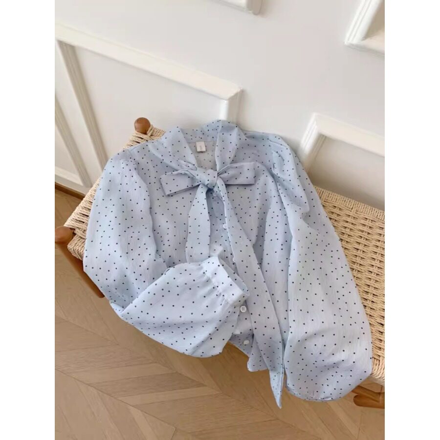 法式轻熟蝴蝶结蓝色波点雪纺衬衫女早秋季小个子气质宽松长袖上衣