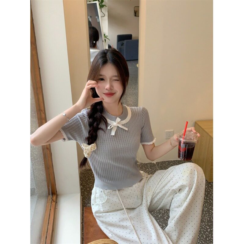 设计感撞色修身蝴蝶结短袖针织衫女夏季圆领镂空减龄气质短款上衣