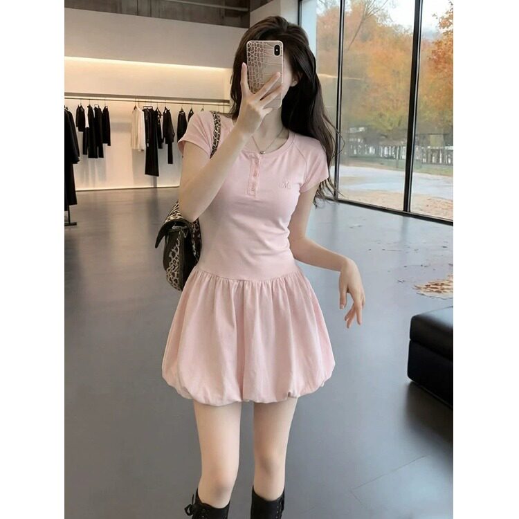 粉色蓬蓬显瘦短袖T恤连衣裙