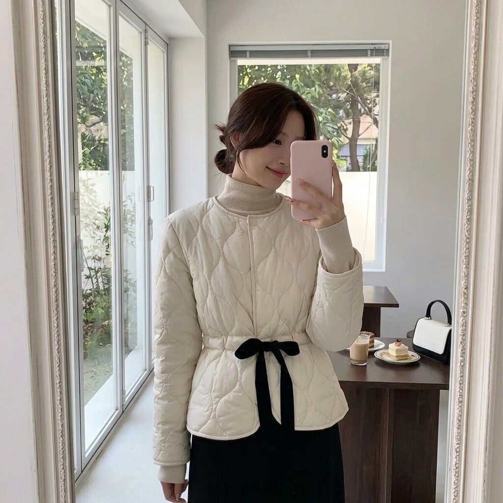 小个子法式白色收腰显瘦棉服