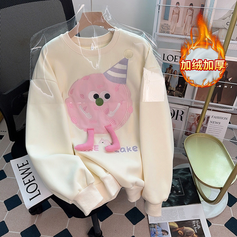 甜美减龄长袖卫衣女秋季2026新款设计感重工卡通印花宽松加绒上衣