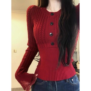 韩系辣妹修身麻花新年红色毛衣女春秋冬高级感内搭打底针织衫上衣