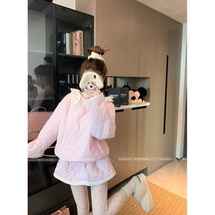 花边拼接保暖长袖棉衣粉色显瘦百搭半身裙女2025冬季新款时尚套装