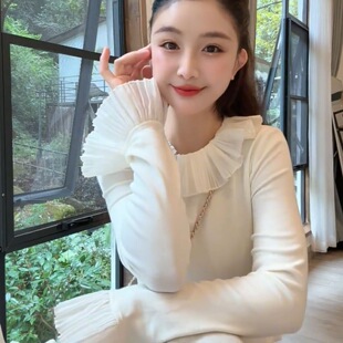 温柔风喇叭袖荷叶领T恤女秋冬新款巨好看宽松显瘦百搭打底衫上衣