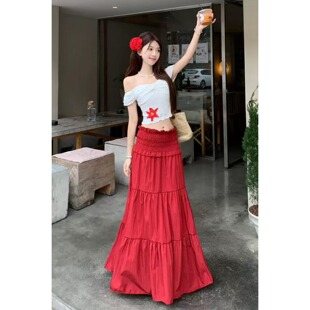 套装女2026夏季新款纯欲甜辣一字肩修身上衣+显瘦高腰长款半身裙