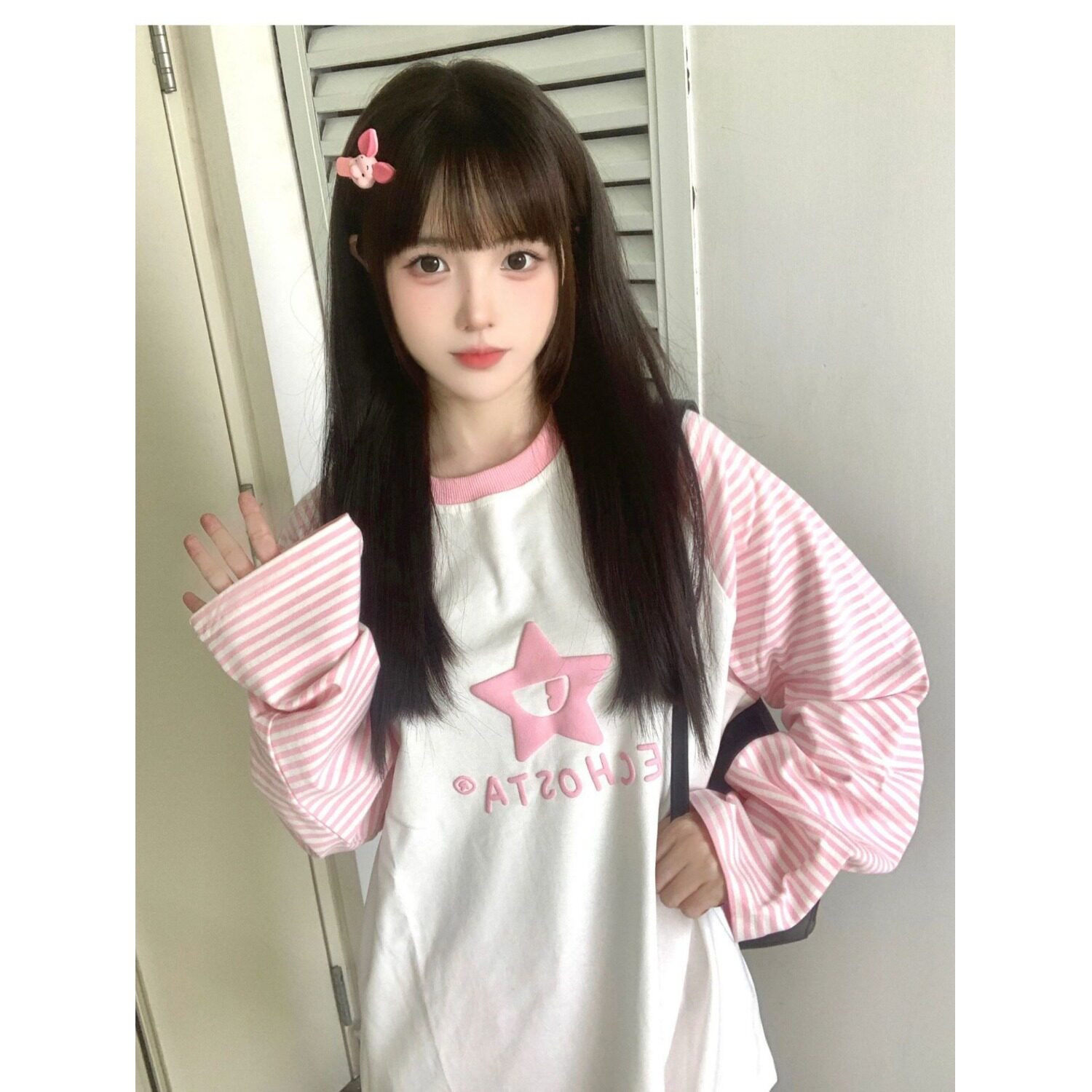 美式复古粉色插肩长袖t恤女