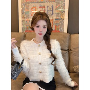 秋冬小香风气质设计感仿水貂毛针织开衫高级感圆领短款修身外套女