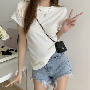 白色t恤正肩上衣纯色打底衫女春夏内搭外穿显瘦修身圆领短袖上衣