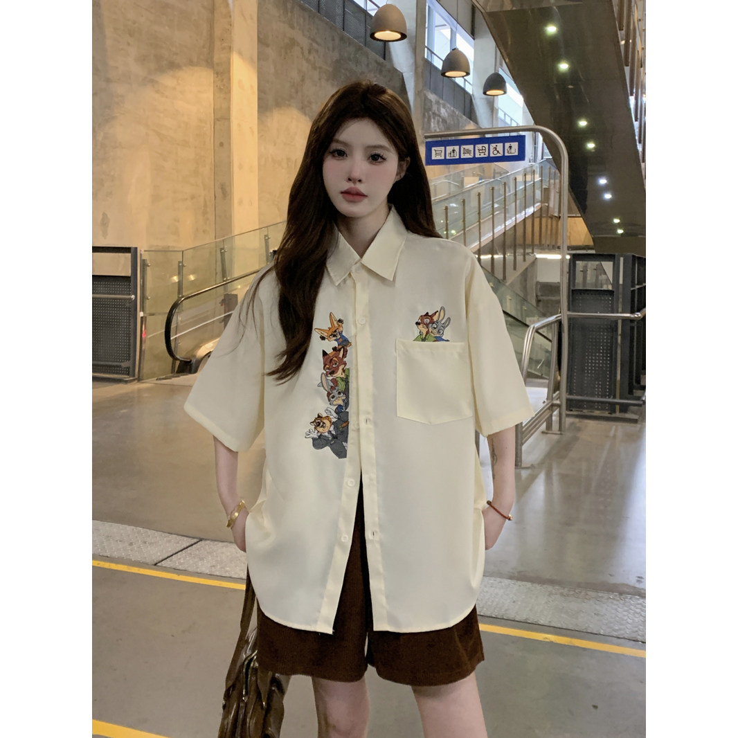 日系复古卡通刺绣短袖衬衫男女款夏季潮牌设计感宽松大码情侣上衣