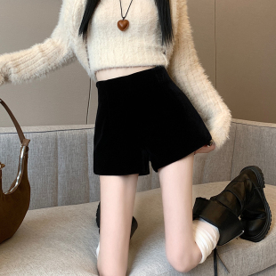 宽松显瘦休闲外穿靴裤 黑色金丝绒短裤 高腰a字阔腿裤 新款 女春秋季