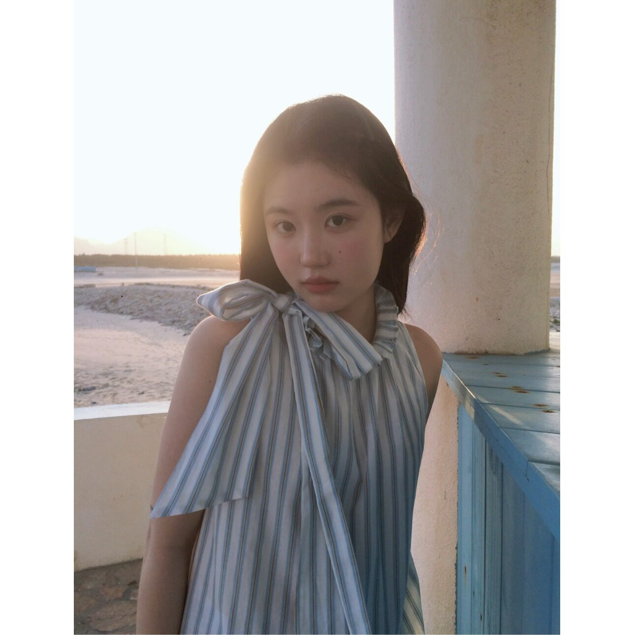 夏季甜美条纹蝴蝶结无袖衬衫