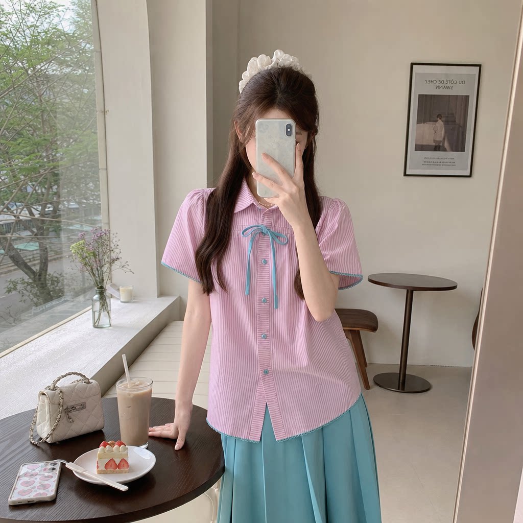韩系甜妹粉色条纹衬衫百褶裙套装