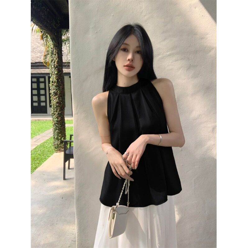 夏季韩系无袖挂脖褶皱黑色衬衫女