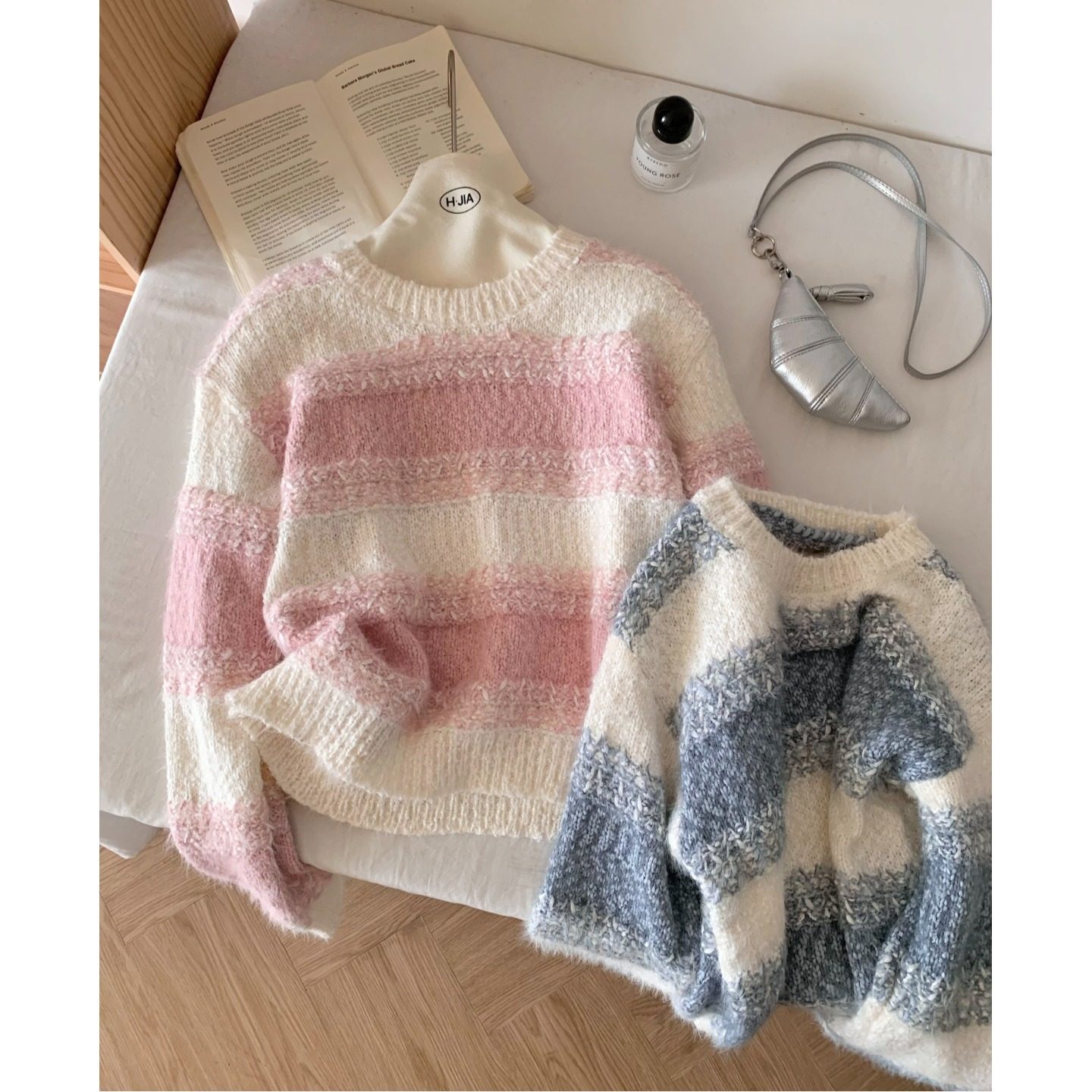 韩系粉色条纹高级感套头软糯毛衣女秋冬宽松慵懒风内搭针织衫上衣