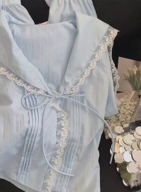 法式蓝色蝴蝶结蕾丝花边衬衫女小个子短款设计感小众上衣气质小衫