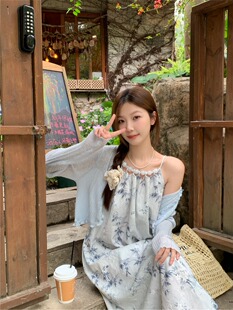 新中式扎染碎花吊带连衣裙女夏超仙沙滩裙仙女裙海边度假油画长裙