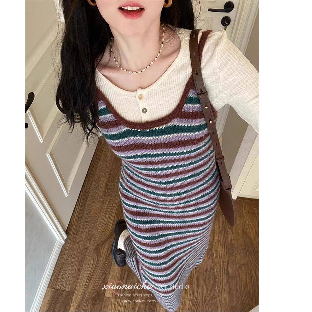 复古学院风撞色条纹针织吊带连衣裙女春秋小个子气质修身显瘦长裙