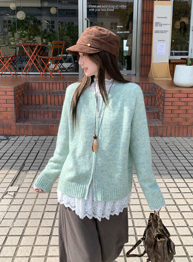 绿色毛衣外套女款2026新款春秋韩系独特超好看慵懒风宽松针织开衫