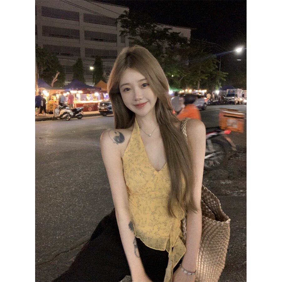 韩系黄色碎花挂脖v领背心吊带女夏季不规则飘带外穿无袖美背上衣