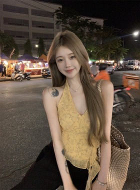 韩系黄色碎花挂脖v领背心吊带女夏季不规则飘带外穿无袖美背上衣