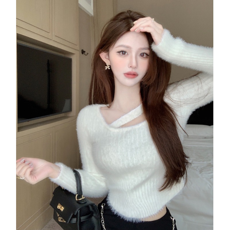 仿水貂绒针织毛衣打底衫女装秋冬设计感小众短款内搭长袖上衣外套