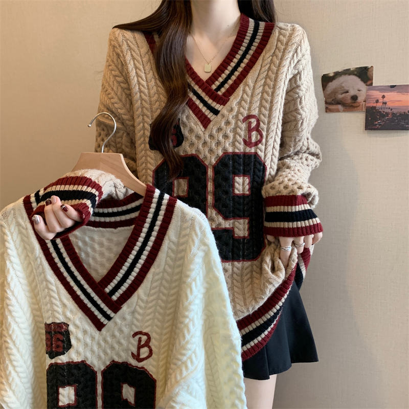 秋冬加厚撞色条纹美式复古毛衣