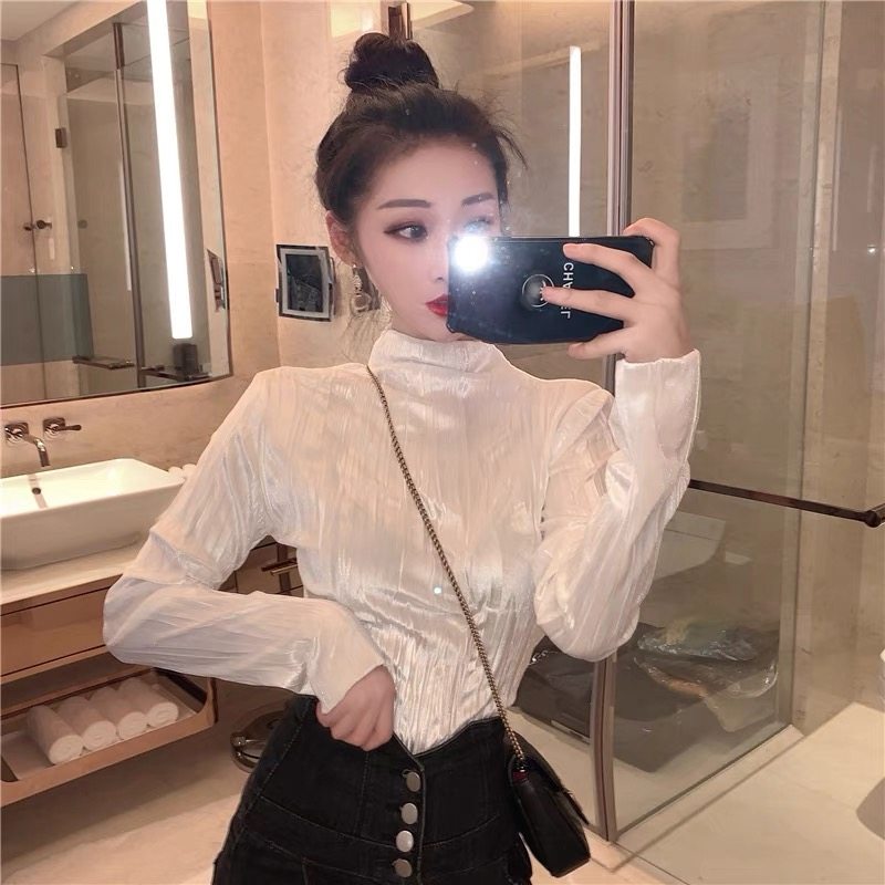 法式半高领丝绒内搭打底衫女秋冬韩版新款洋气高档上衣外穿t恤潮