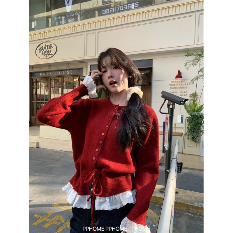 韩系荷叶边设计感毛衣女开衫