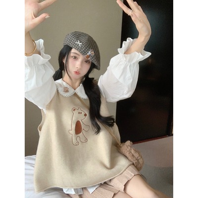 学院风套装女刺绣娃娃领衬衫叠穿宽松针织马甲背心无袖毛衣两件套