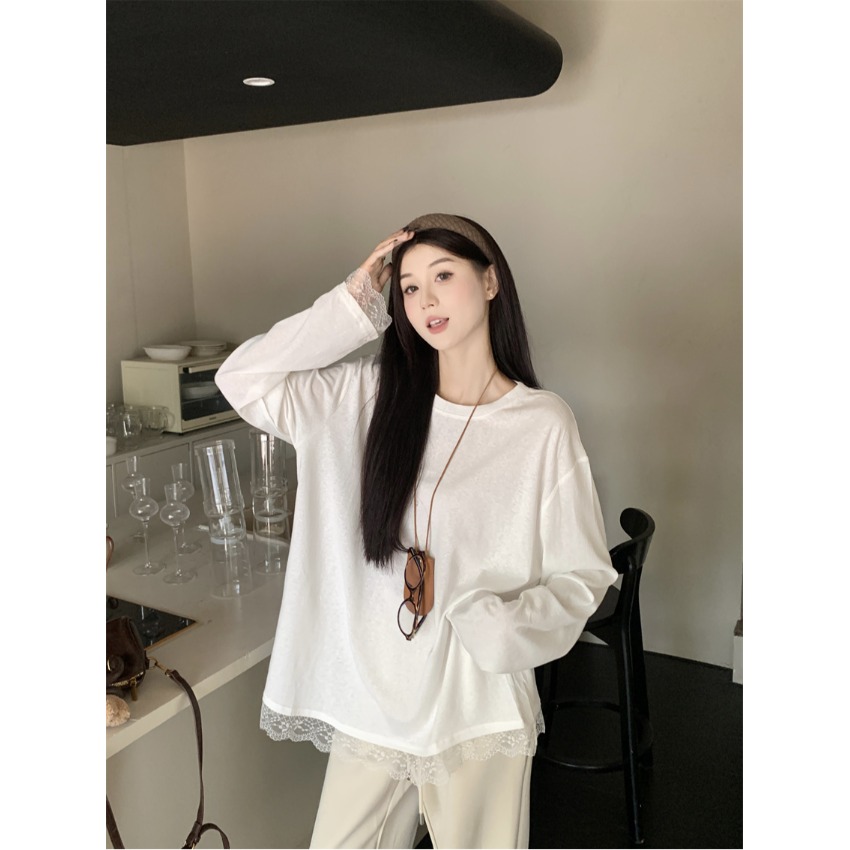 纯棉大码蕾丝拼接长袖上衣女秋季2025新款宽松显瘦时尚打底衫女装