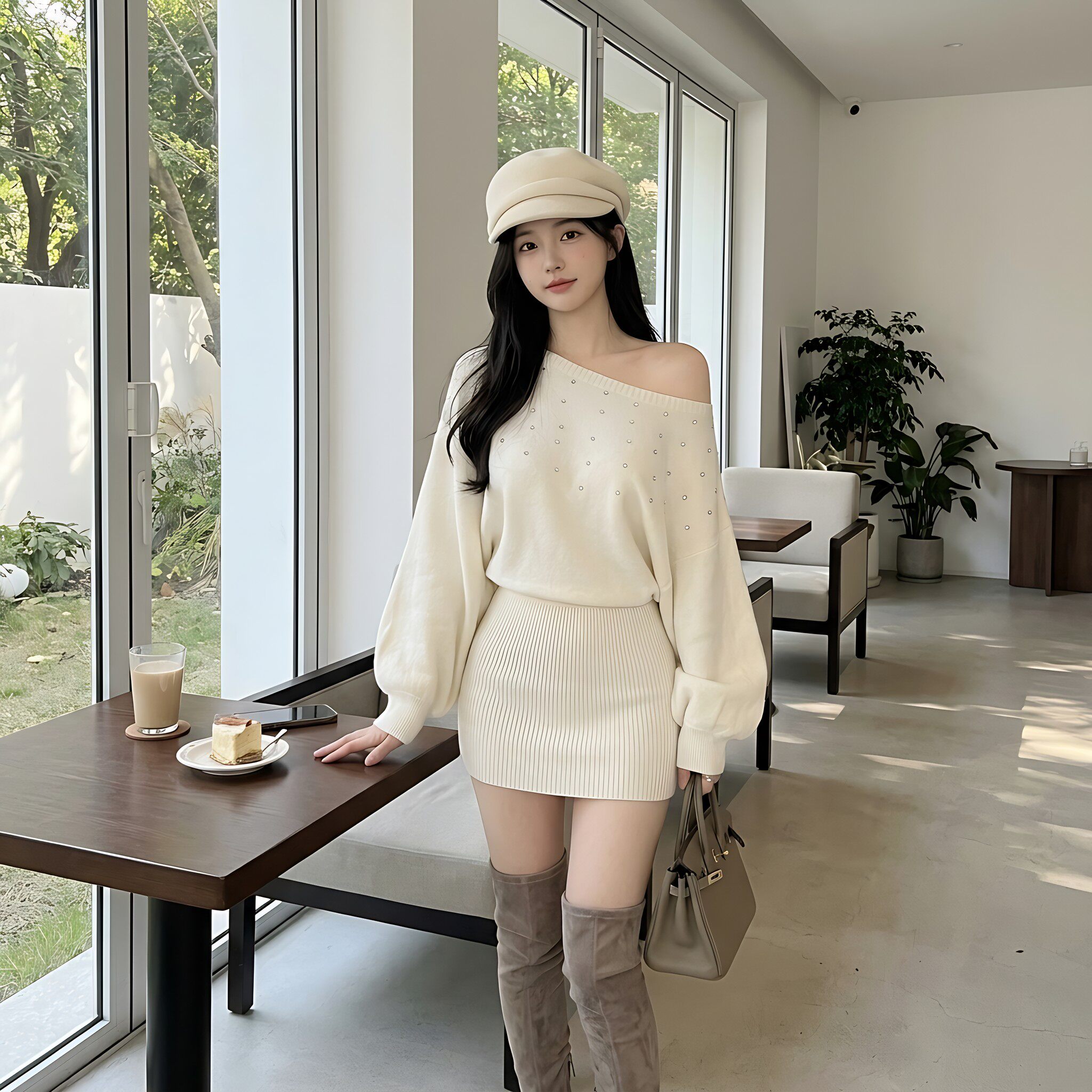 纯欲烫钻露肩高腰显瘦针织连衣裙