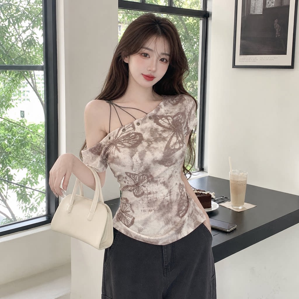美式扎染斜肩露肩短袖T恤纯欲