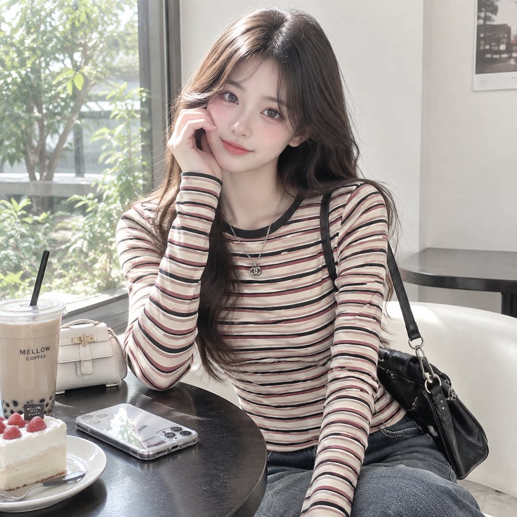 韩版条纹修身显瘦长袖T恤女