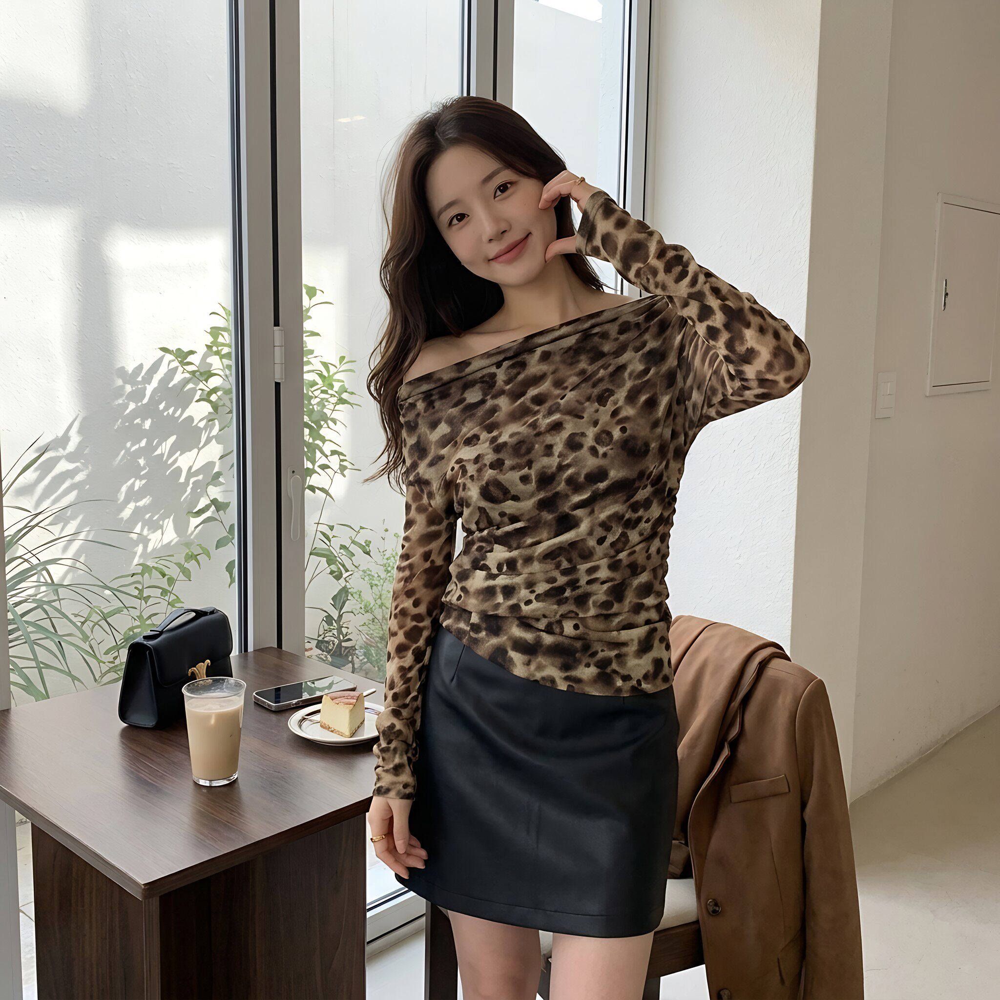 豹纹一字肩长袖T恤女秋冬显瘦