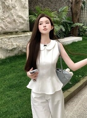 2026年新款法式新款娃娃领白色无袖背心女夏收腰显瘦蝴蝶结上衣