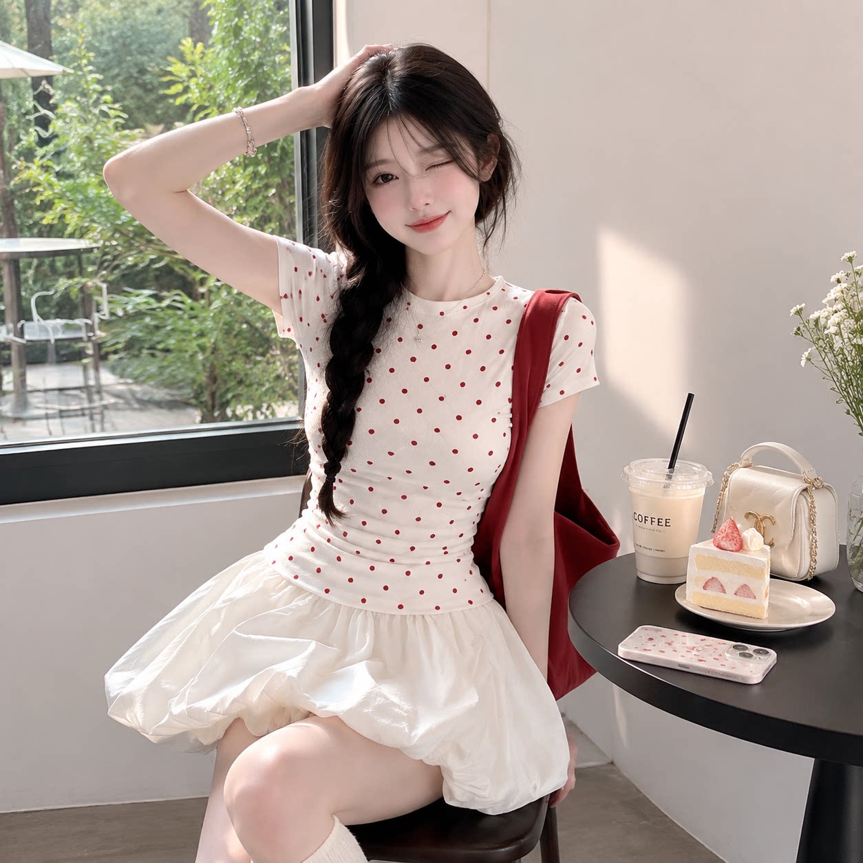 夏季少女风波点短袖蓬蓬裙两件套
