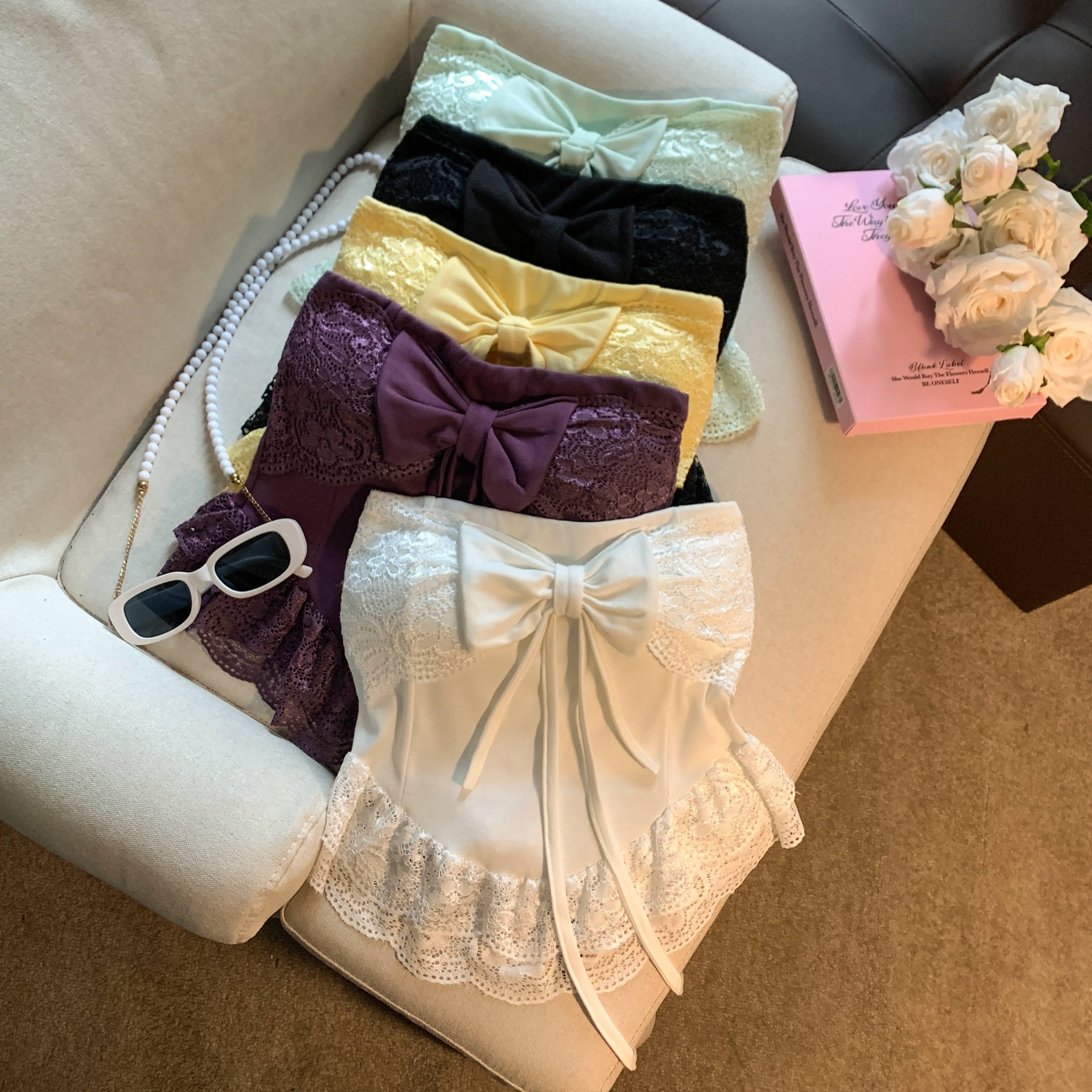 法式甜美蝴蝶结蕾丝挂脖吊带背心女夏带胸垫修身内搭鱼骨抹胸上衣