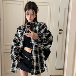 格子衬衫外套女oversize春秋新款加厚宽松休闲慵懒风中长款衬衣女