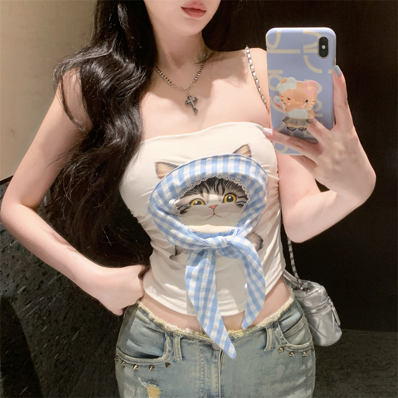 甜美可爱减龄格子猫咪印花抹胸背心气质辣妹一字肩短款上衣带胸垫