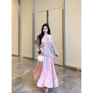 2024新款粉色慵懒V领宽松套头毛衣温柔长款半身裙两件套套装女秋